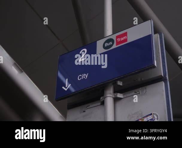 Blue sign indicating public transport bus tram route number city ...