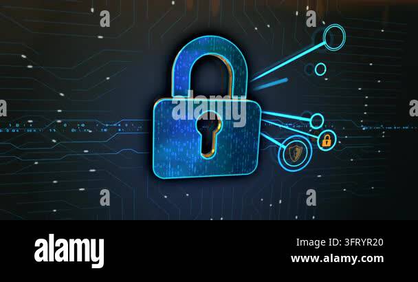 Cybersecurity and digital protection padlock 3d icon on network ...