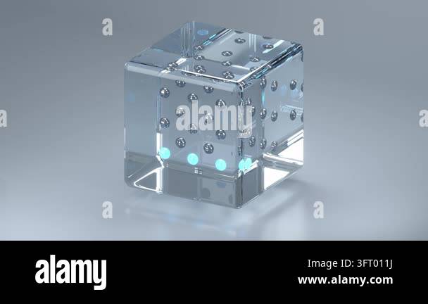 The metal ball and cyan light point array inside the transparent cube ...