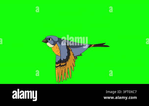 2D cartoon animated little blue bird with yellow wings flying profile ...