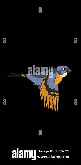 2D cartoon animated little blue bird with yellow wings flying profile ...
