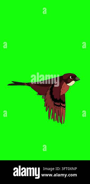 2D cartoon animated little brown bird flying profile side view in a ...