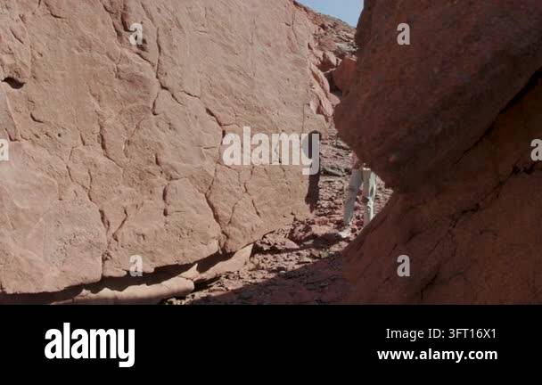 A woman with a backpack walking in the desert. Trekking and hiking in ...