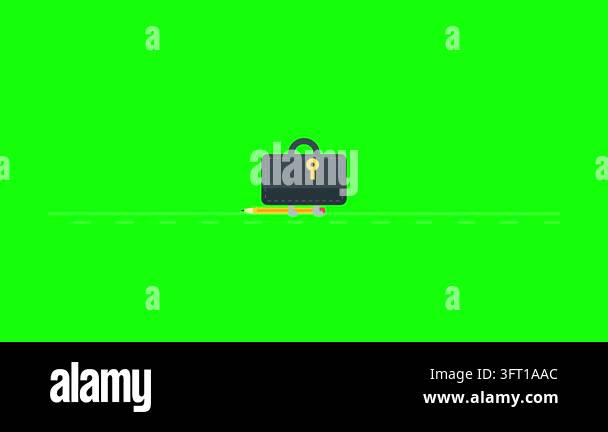 Briefcase icon and yellow pencil move along a dashed line on a flat ...