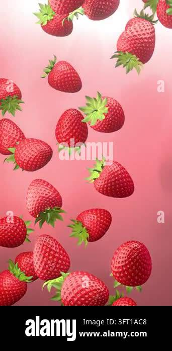 Strawberries Falling Down on Pink Backdrop, Vertical 9:16 Food Footage ...