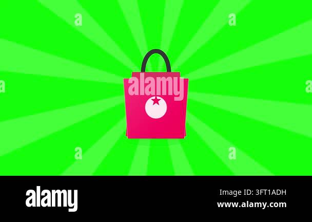 Shopping bag icon centered on a dynamic green sunburst background ...