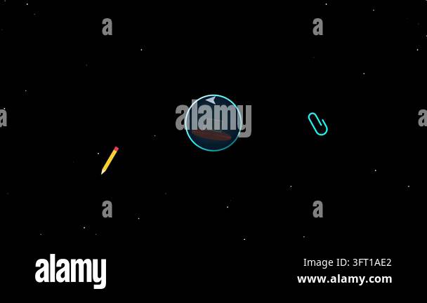 Minimalist computer desk and office supply icons orbit a central sphere ...
