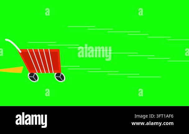 Shopping cart icon moving quickly across a solid green background with ...