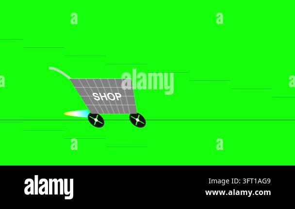 Shopping cart with shop text icon moving rapidly across a horizontal ...