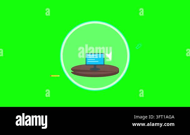 Computer screen icon centered on a wooden table within a glowing circle ...