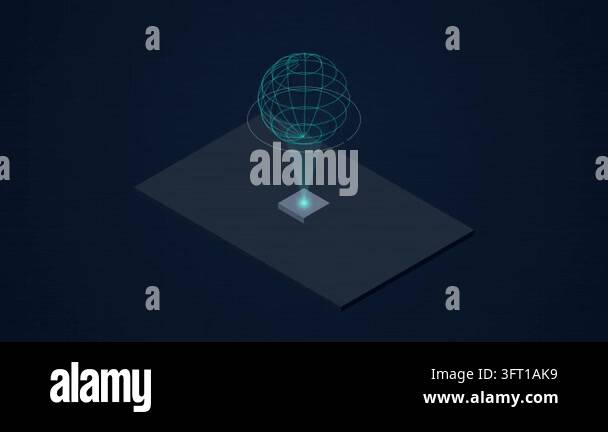 Holographic globe hovering over a flat platform as digital data chunks ...