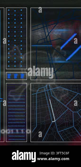 Futuristic data processing and analysis animation over digital maps and ...