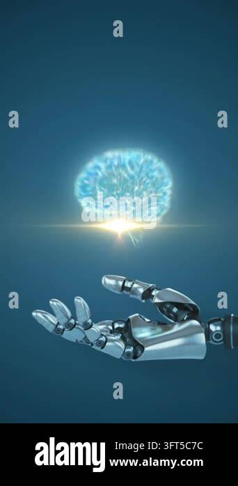 Animation of digital human brain on robotic arm over lens flare against ...