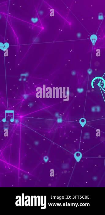 Animation of network of connections with icons over purple background ...