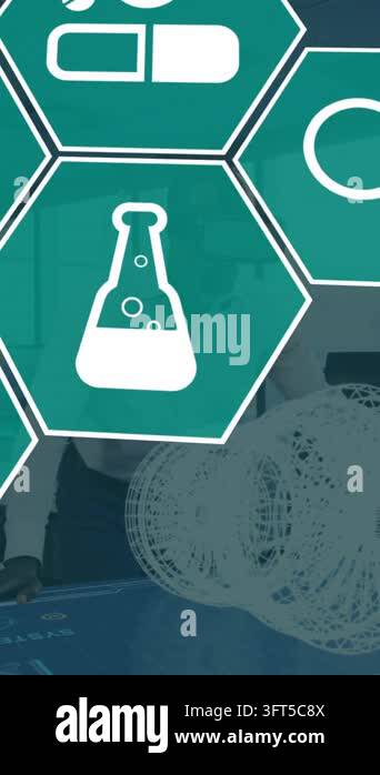Animation of scientific icons in hexagons over african american man in ...