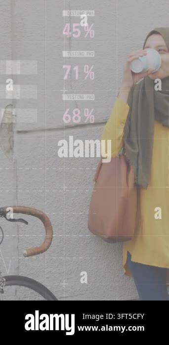 Animation of financial data and graphs over woman using smartphone ...
