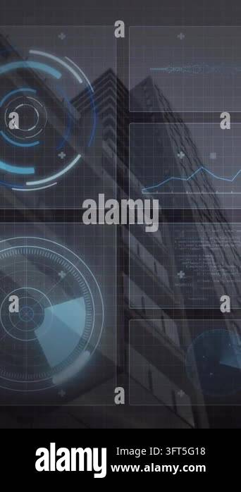 Digital interface with graphs and radar animation over skyscraper ...