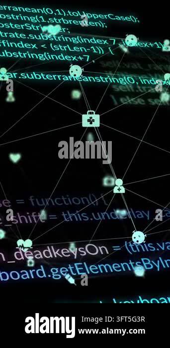 Animation of data processing and globe with icons over dark background ...