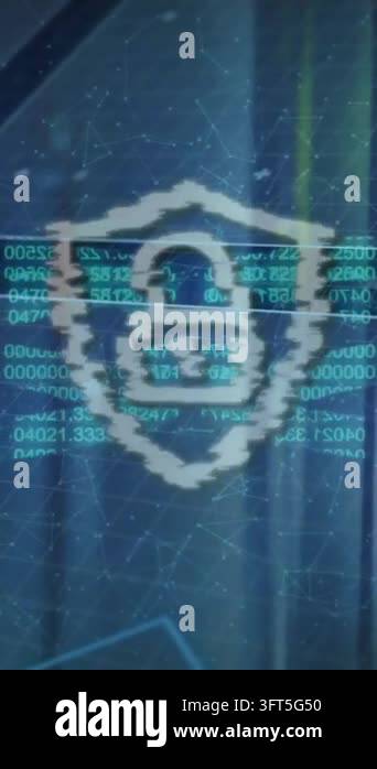 Animation of chain and padlock icon over network and server room ...
