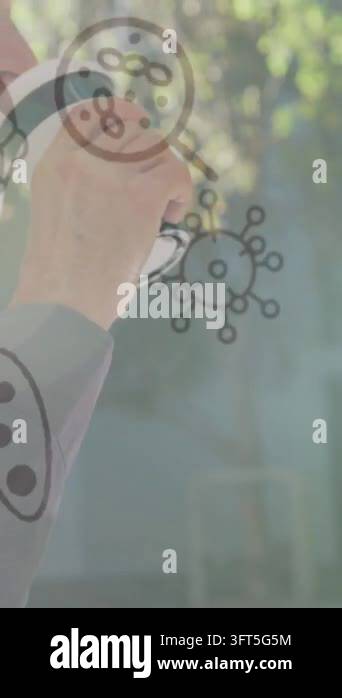Animation of covid 19 icons over senior man wearing face mask. global ...
