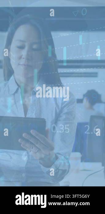 Animation of financial data and graphs over asisan woman using tablet ...
