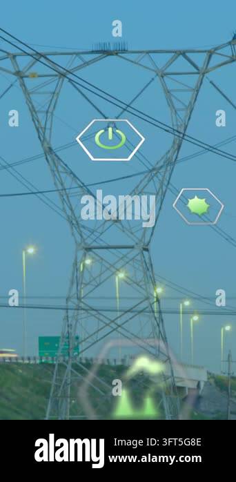 Animation of digital icons over power lines. global digital interface ...