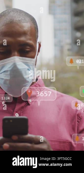 Animation of social media icons and numbers on banners over man in face ...