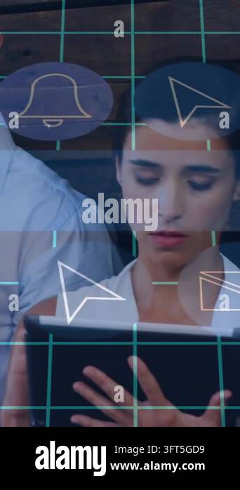 Animation of media icons over diverse business people using technology ...