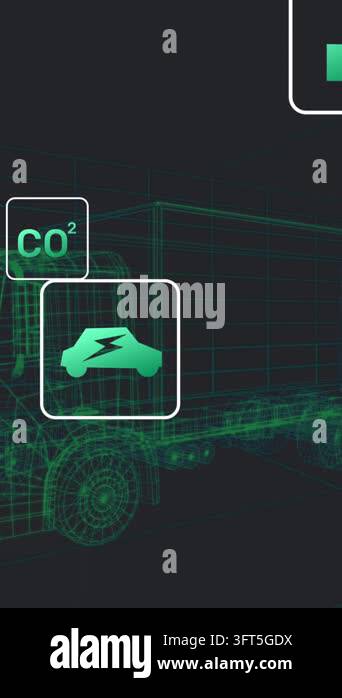 Animation of eco icons floating over truck project on black background ...