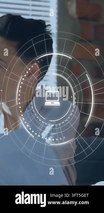 Animation of digital icons against diverse man and woman discussing ...