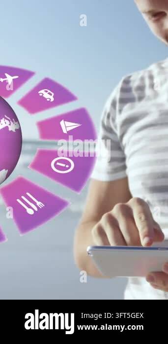 Animation of travel icons with globe and caucasian woman using tablet ...
