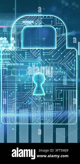 Animation of padlock icon and data processing on black background ...