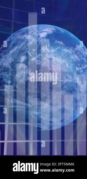 Animation of globe, graphs and rotating tunnel on navy background ...
