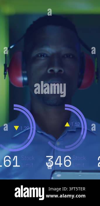 Animation of graphs and data over african american man in server room ...