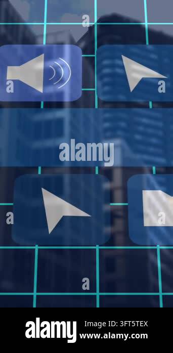 Animation of interface with digital icons against tall buildings ...