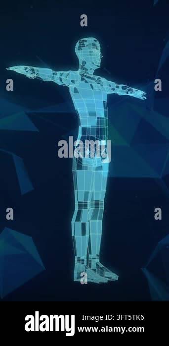 Animation of shapes and digital human over black background. Technology ...