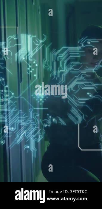 Animation of icons and digital brain over caucasian woman in server ...