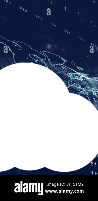 Animation of clouds with icons over data processing on black background ...