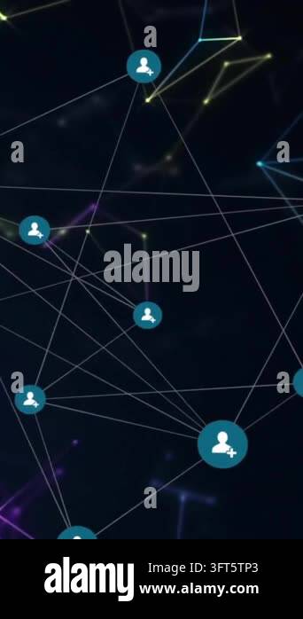 Animation of network of connections with icons on black background ...