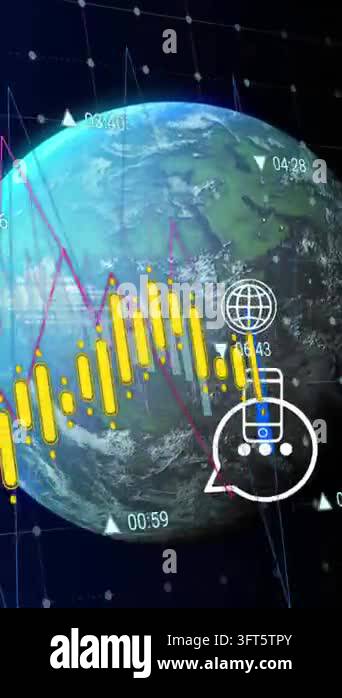Animation of data processing with icons over globe on black background ...