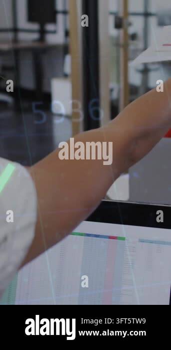 Financial data graph animation over businesswomen exchanging documents ...