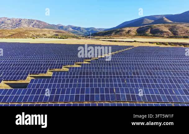 Many solar panels are arranged in rows across a field. The setting ...