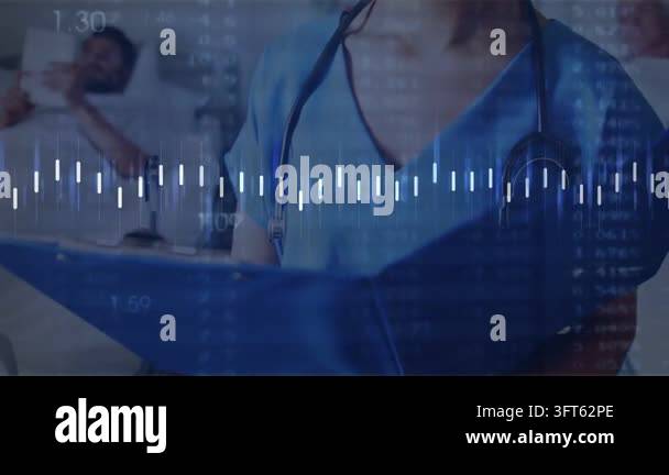 Nurse reviewing clipboard causing animated waveforms and orange ...