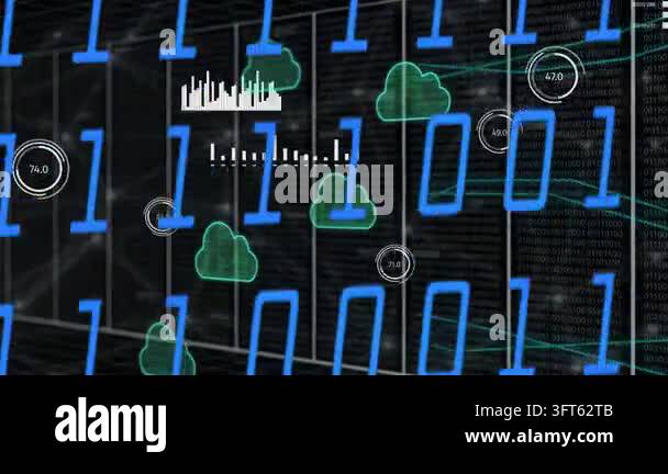 On startup data overlay growing over racks, clouds multiplying and ...