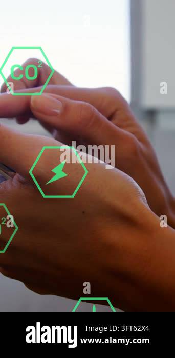 Vertical video: Woman tapping phone screen in office, activating green ...
