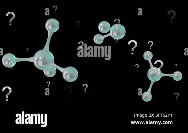 Loop start three teal molecules rotating and drifting while question ...