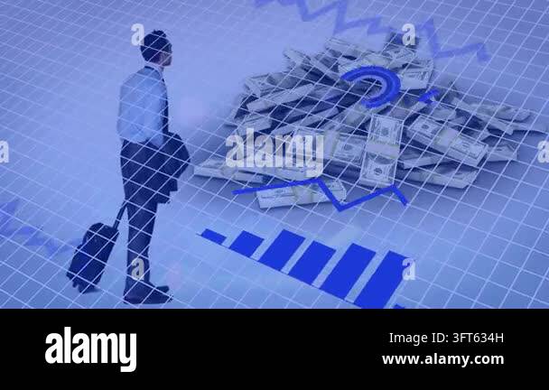 Man pausing, chart appearing, walking with case to cash for finance ...