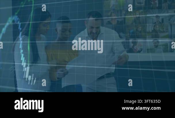 Team holding paper, woman tapping phone while analyzing finance with ...