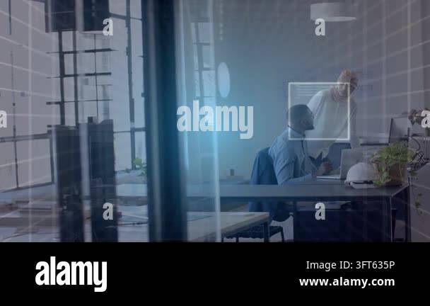 Woman leaning at desk pointing at laptop, initiating UI boxes, binary ...