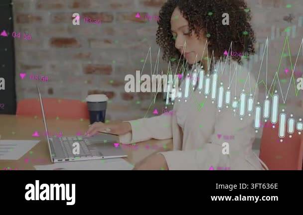 Female analyst typing on laptop and activating animated financial ...